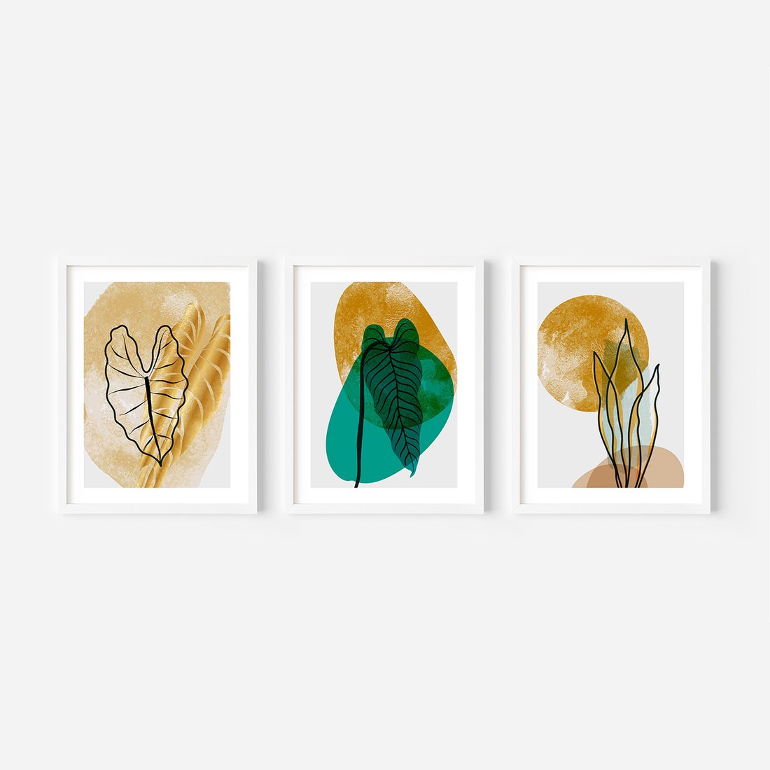 Zestaw obrazy w ramie, plakaty - liście, abstrakcja, rośliny - rama biała