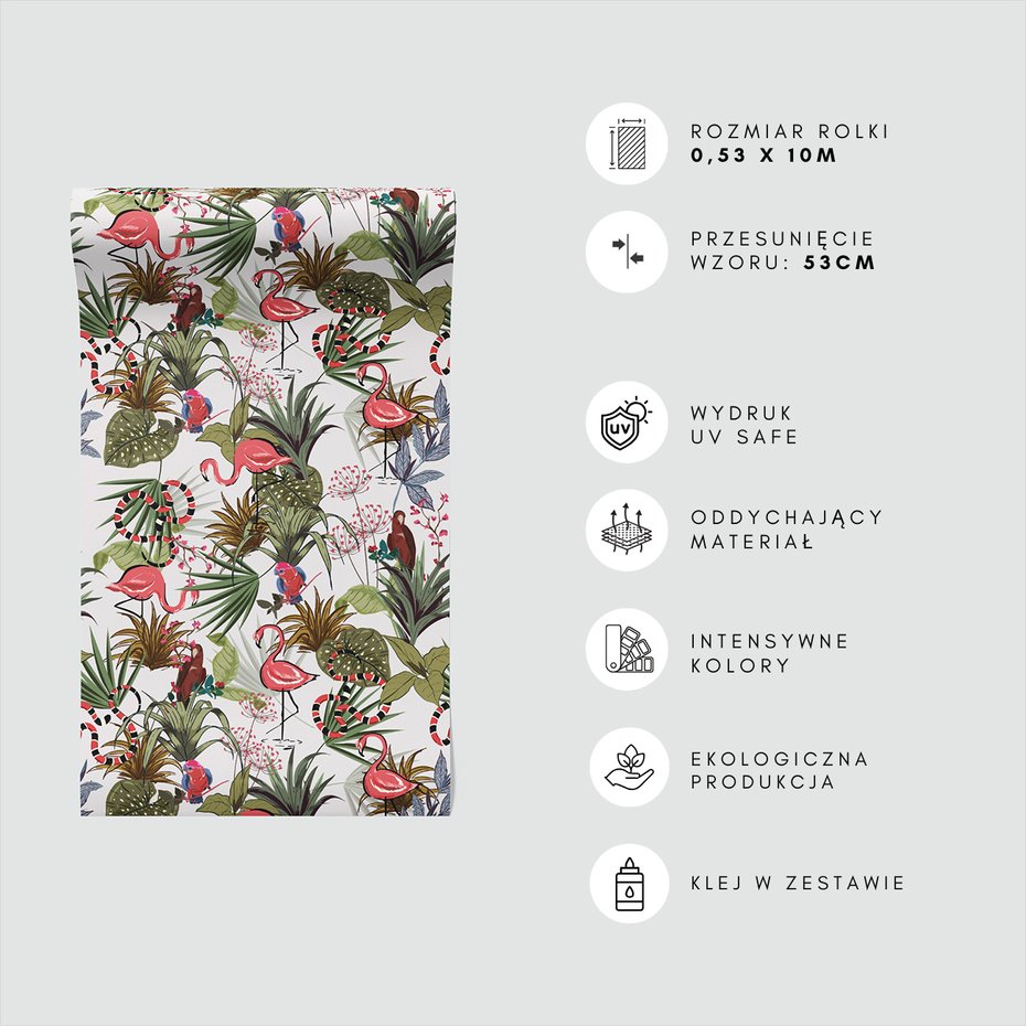Tapeta - flamingo, papuga, liście