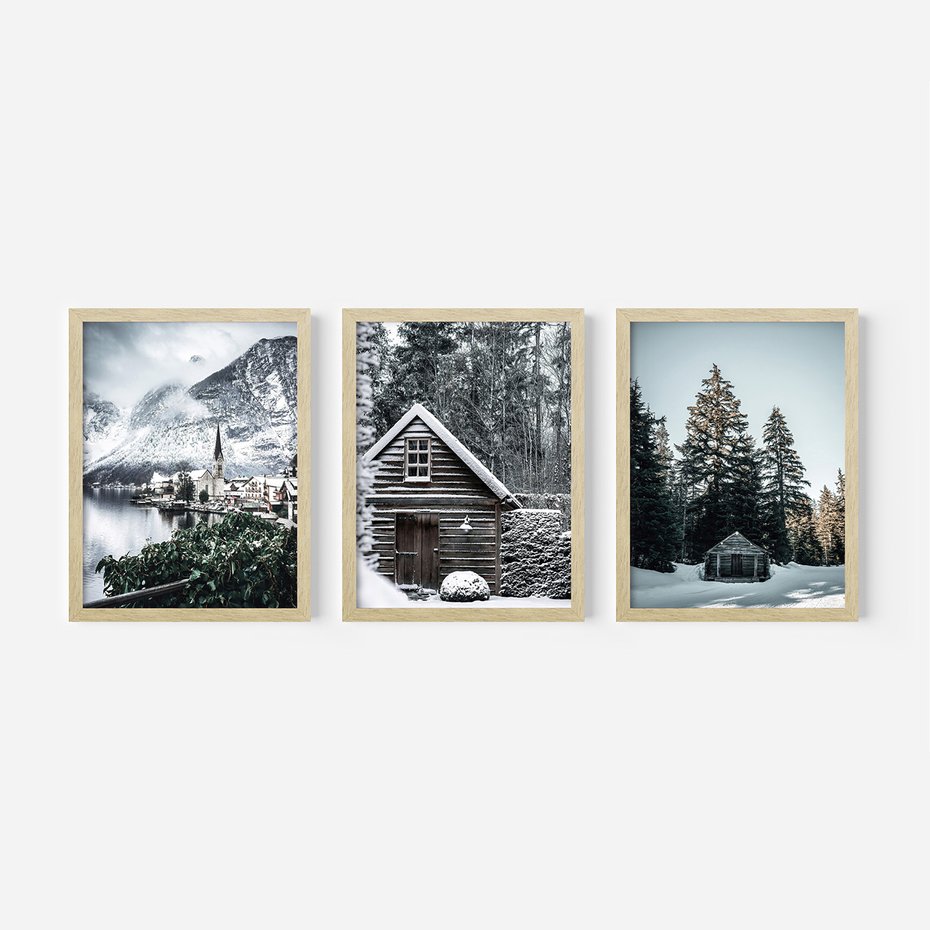 Zestaw obrazy w ramie, plakaty - zima, śnieg, krajobraz - rama drewno