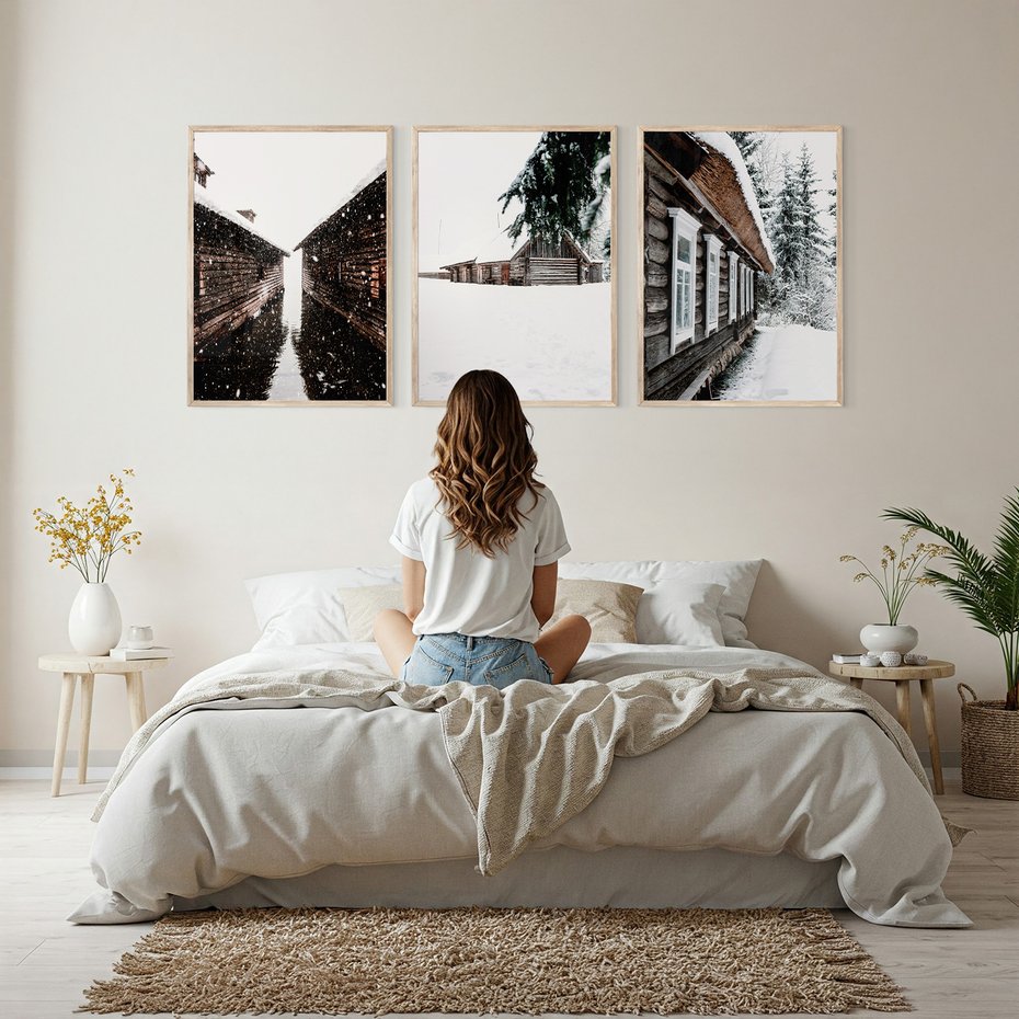 Zestaw obrazy w ramie, plakaty - zima, śnieg, budynki - rama drewno