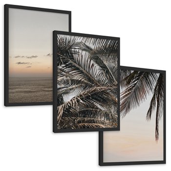 Zestaw obrazy w ramie, plakaty - palmy, ocean, liście - rama czarna