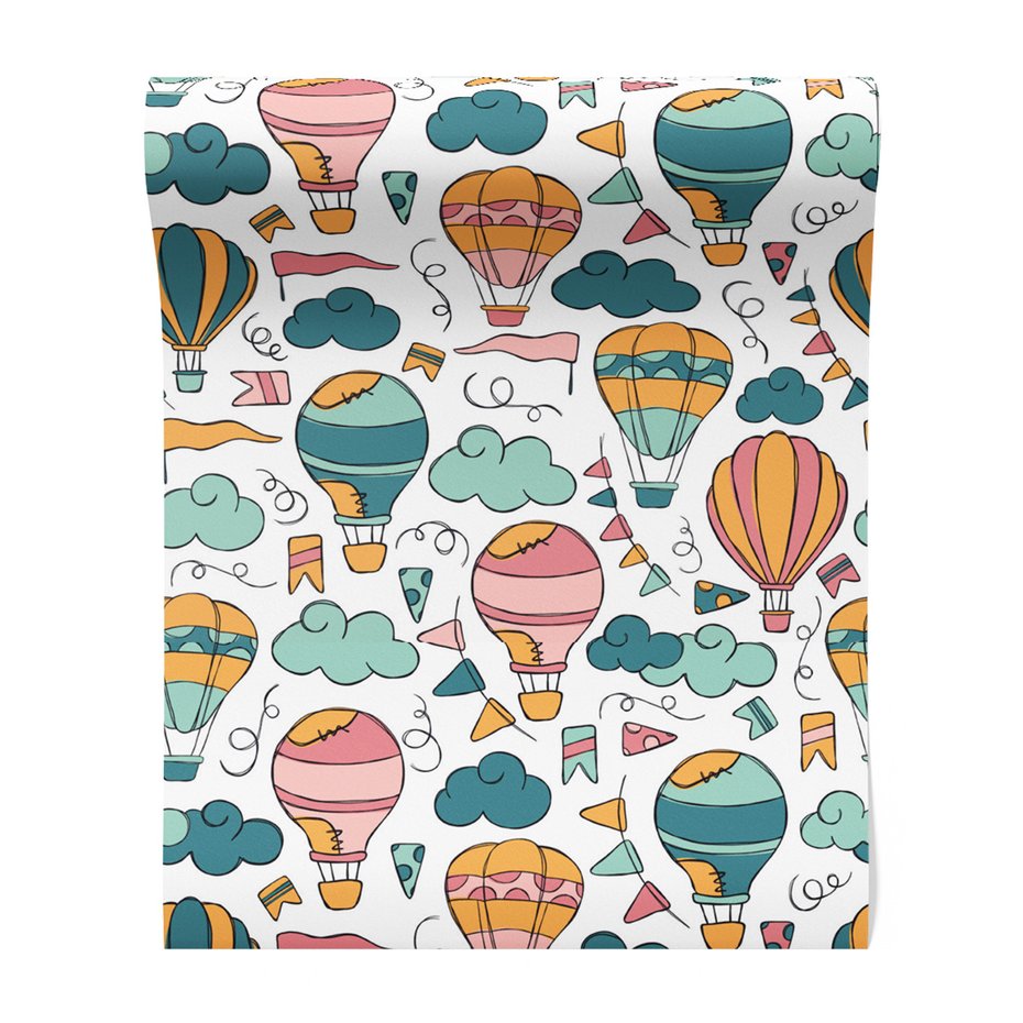 Tapeta - dziecięca, balony, chmury, flagi