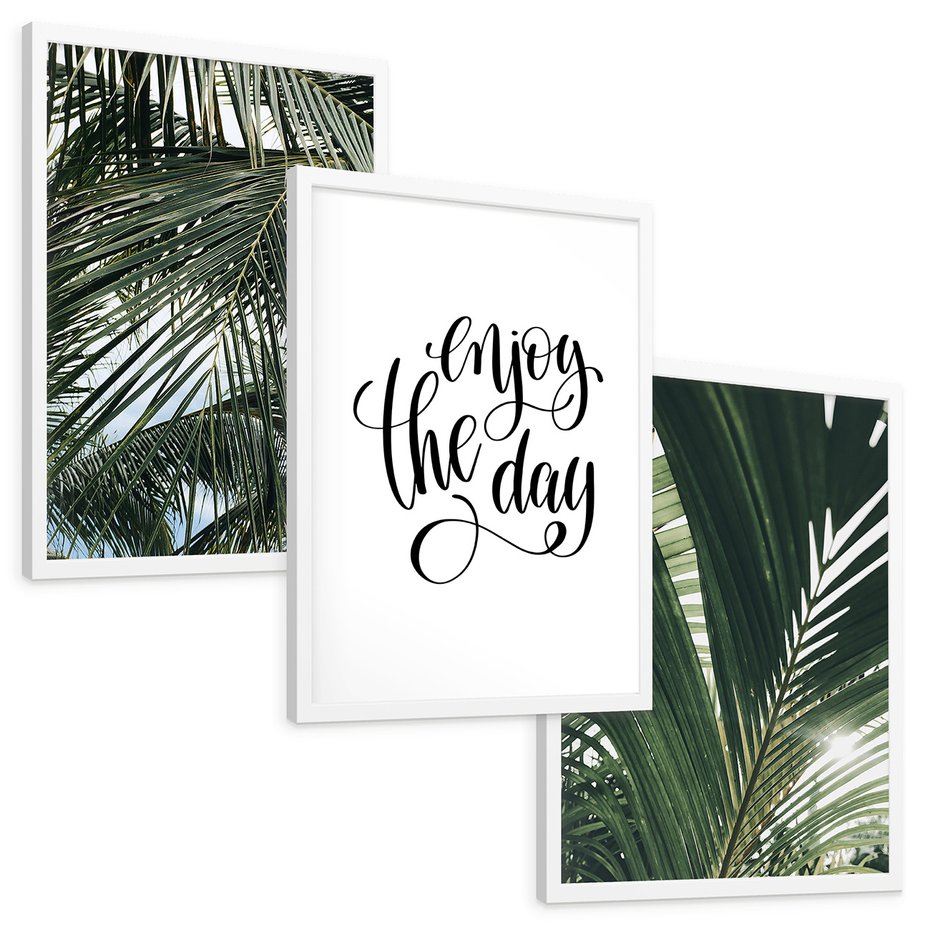 Zestaw obrazy w ramie, plakaty - liście,palmy,tropikalne - rama biała