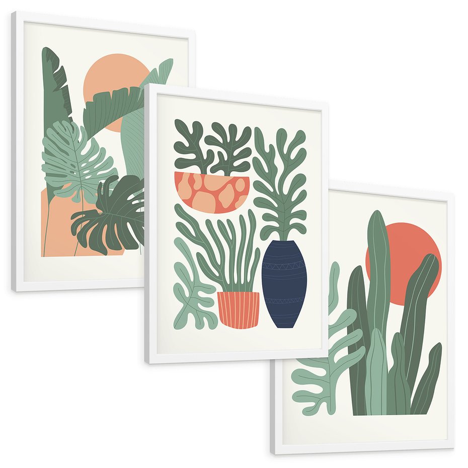 Zestaw obrazy w ramie, plakaty - liście, rośliny, abstrakcja - rama biała