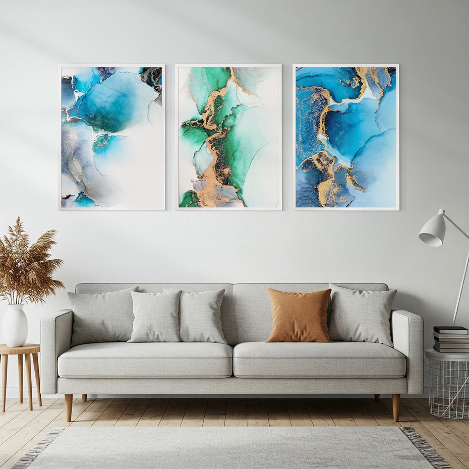 Zestaw obrazy w ramie, plakaty - abstrakcja, płyny, marmur - rama biała