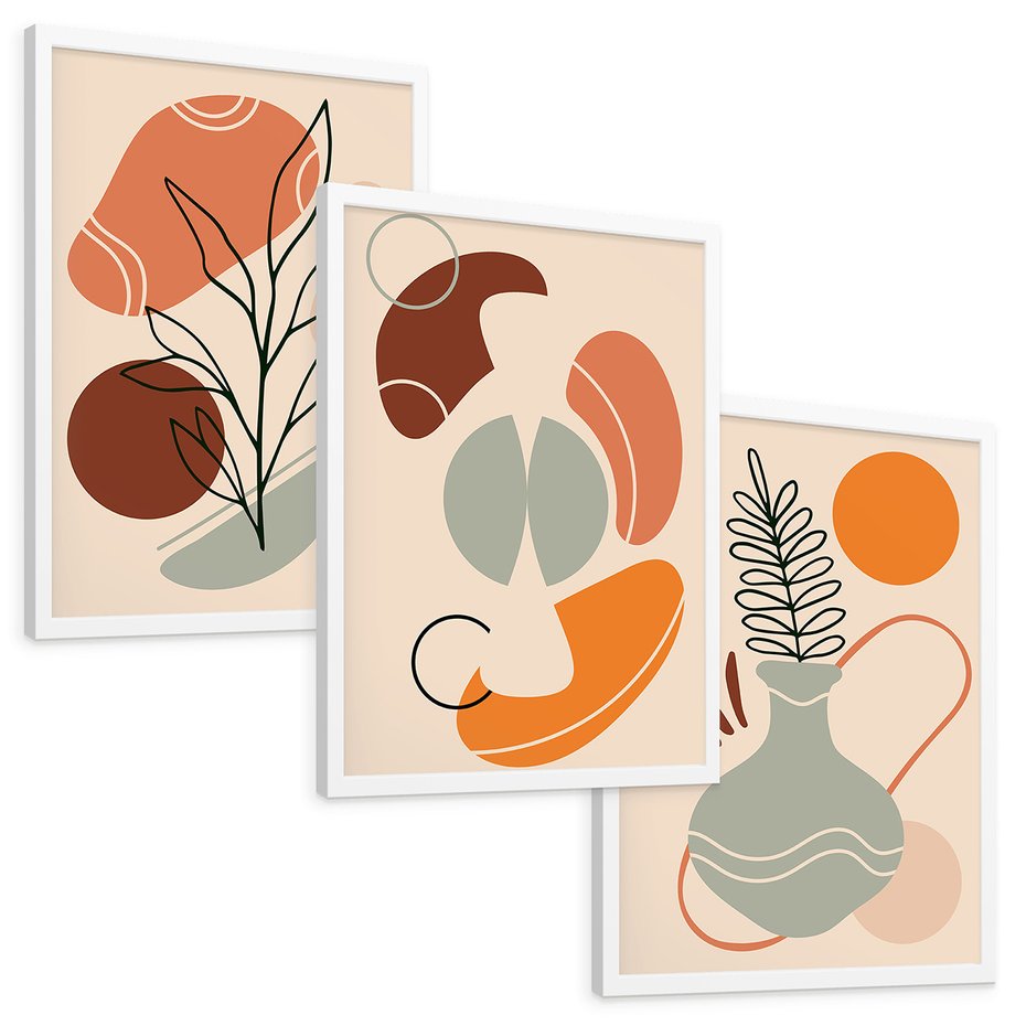 Zestaw obrazy w ramie, plakaty - abstrakcja, liście, rośliny - rama biała