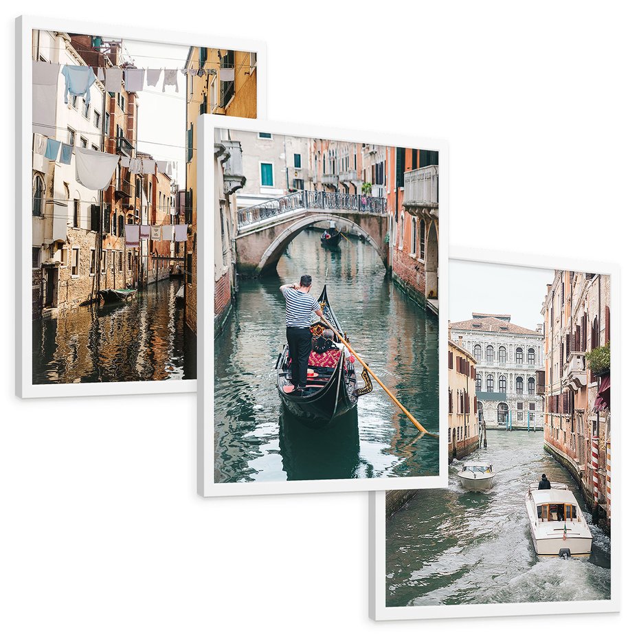 Zestaw obrazy w ramie, plakaty - Wenecja, gondola, kanał - rama biała