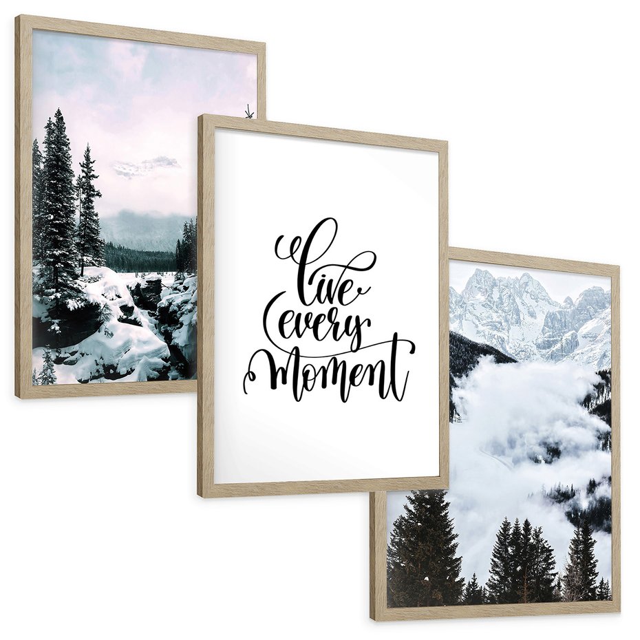 Zestaw obrazy w ramie, plakaty - góry, zima, lasy - rama drewno