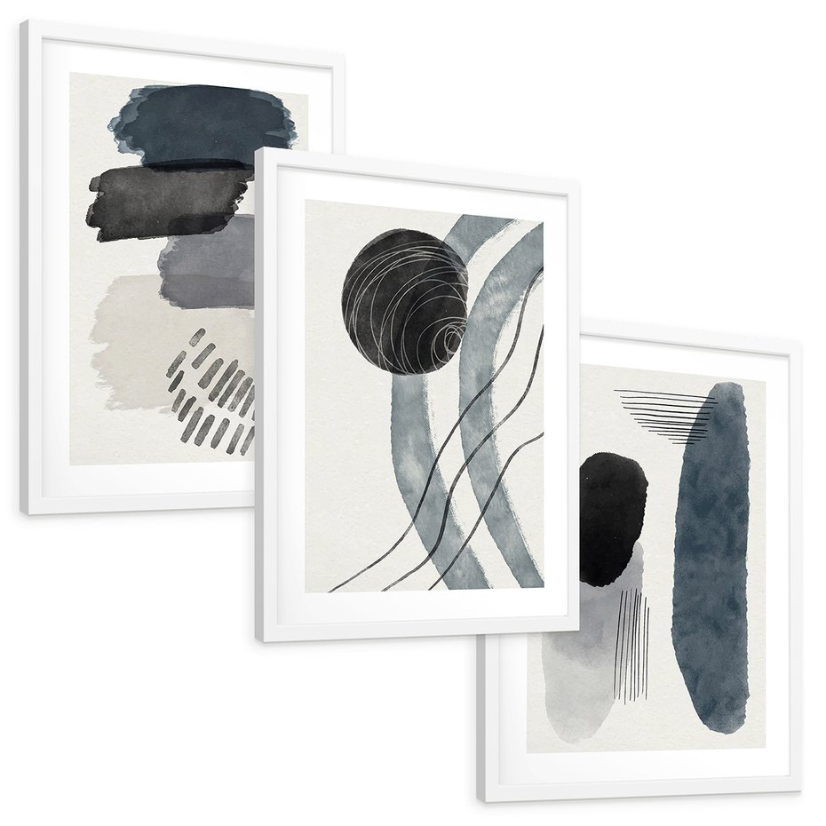 Zestaw obrazy w ramie, plakaty - abstrakcja, kształty, geometria - rama biała