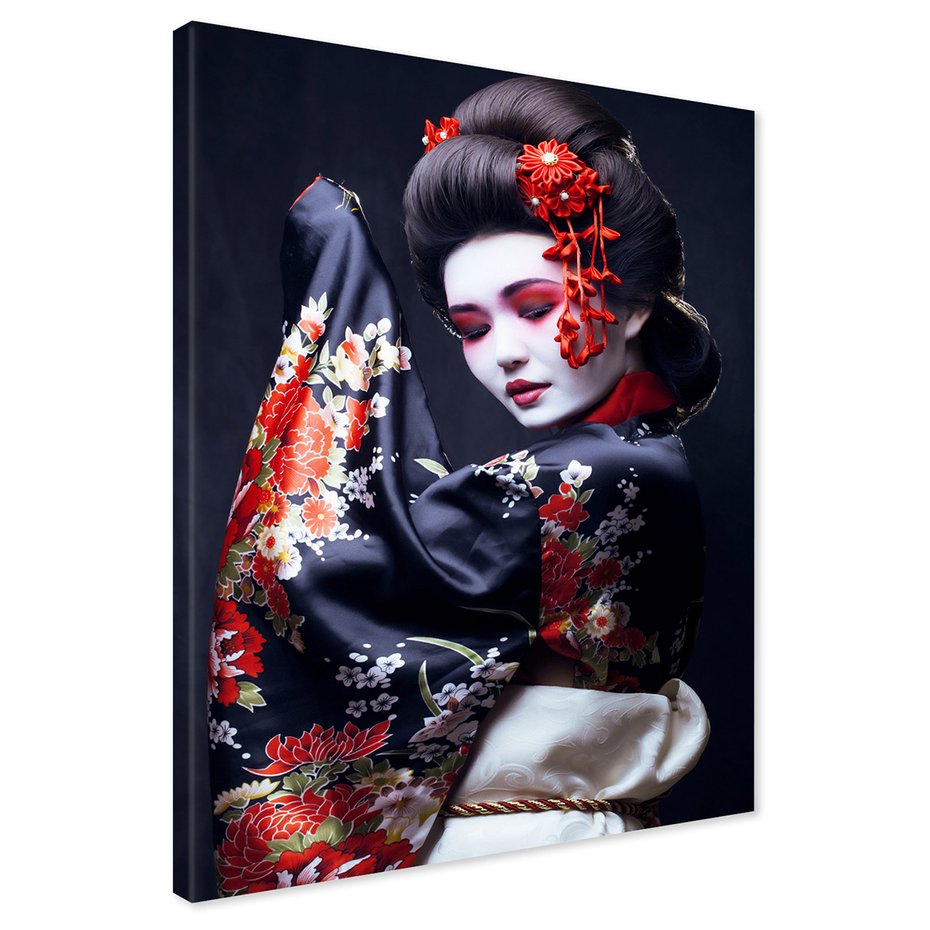 Obraz na płótnie - gejsza, kwiaty, kimono