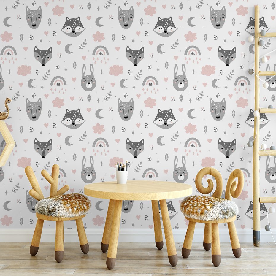 Tapeta - dziecięca, lisy, królik, chmury