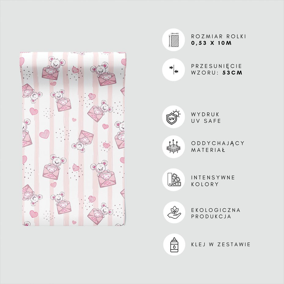 Tapeta - dziecięca, myszka, koperta, serca