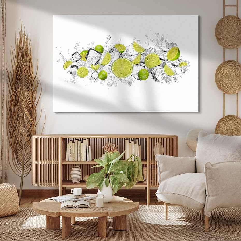 Obraz na płótnie - owoce, limonki, kostki lodu
