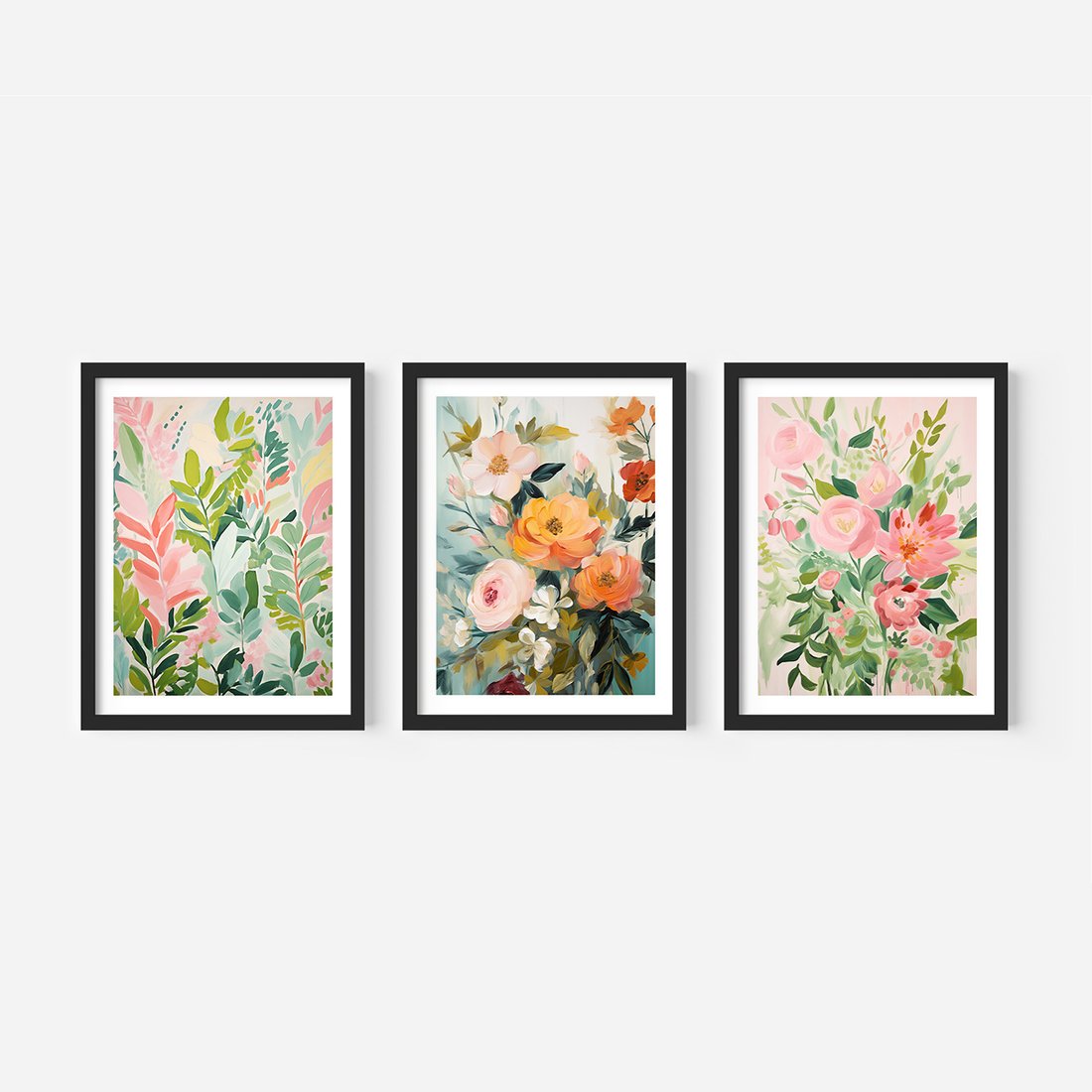 Zestaw obrazy w ramie, plakaty - kwiaty, liście, rośliny - rama czarna