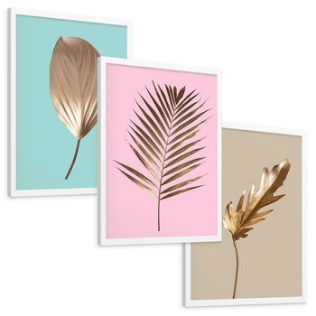 Zestaw obrazy w ramie, plakaty - liście, złoto, roślina - rama biała