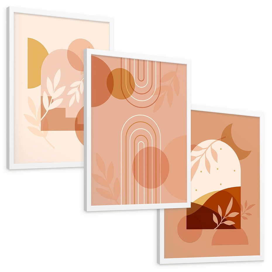 Zestaw obrazy w ramie, plakaty - abstrakcja, boho, liście - rama biała