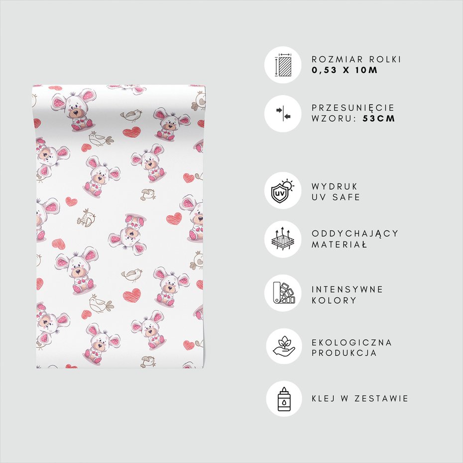 Tapeta - dziecięca, misie, ptaki, serca