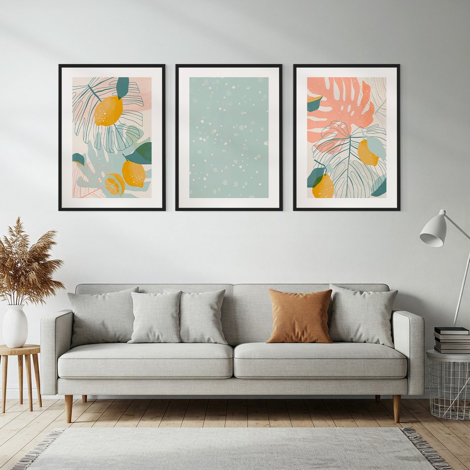 Zestaw obrazy w ramie, plakaty - liście, cytryny, abstrakcja - rama czarna