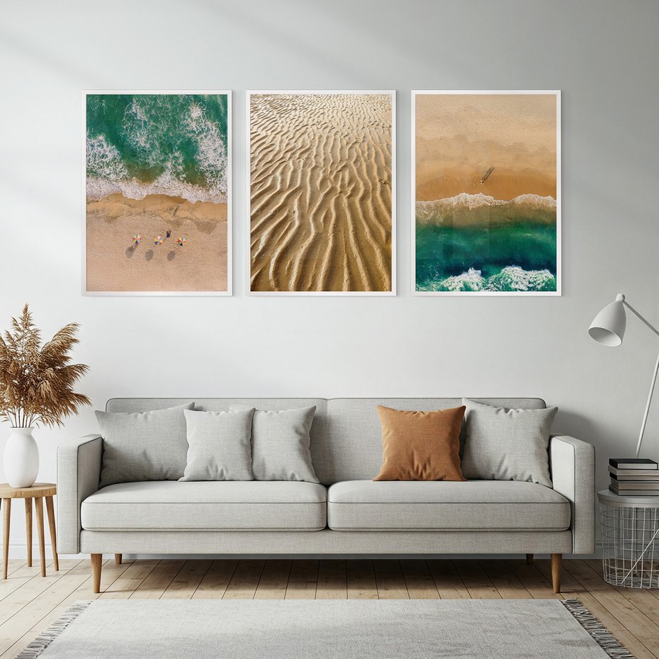 Zestaw obrazy w ramie, plakaty - plaża, morze, piasek - rama biała