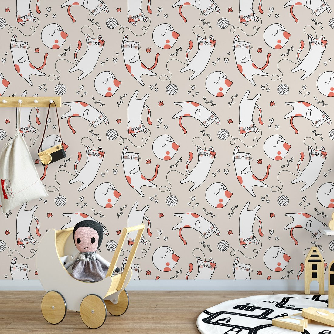 Tapeta - dziecięca, koty, serca, kwiaty