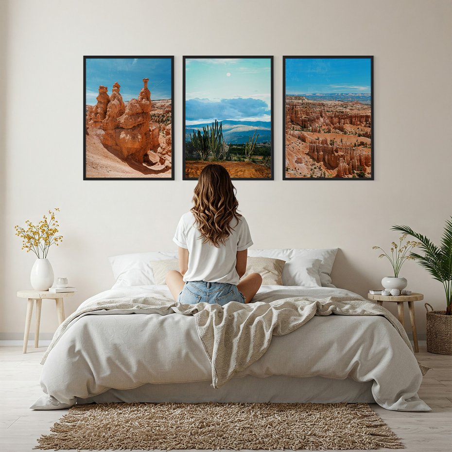 Zestaw obrazy w ramie, plakaty - formacje skalne, kanion, kaktusy - rama czarna