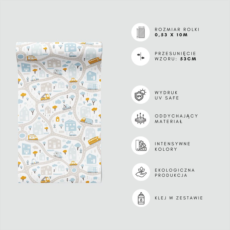 Tapeta - dziecięca, miasto, pojazdy,