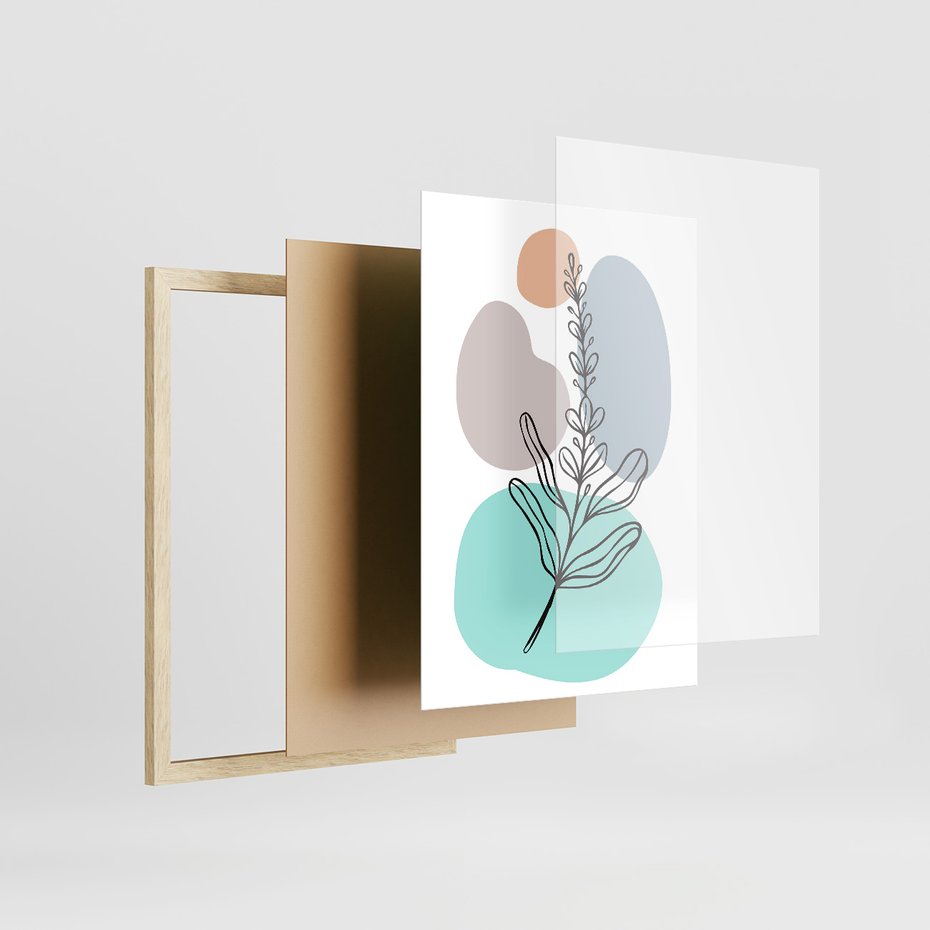 Zestaw obrazy w ramie, plakaty - liście, gałązki, abstrakcja - rama drewno