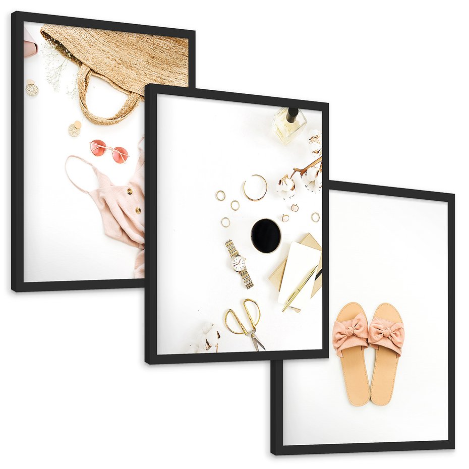 Zestaw obrazy w ramie, plakaty - akcesoria, różowy, złoty - rama czarna
