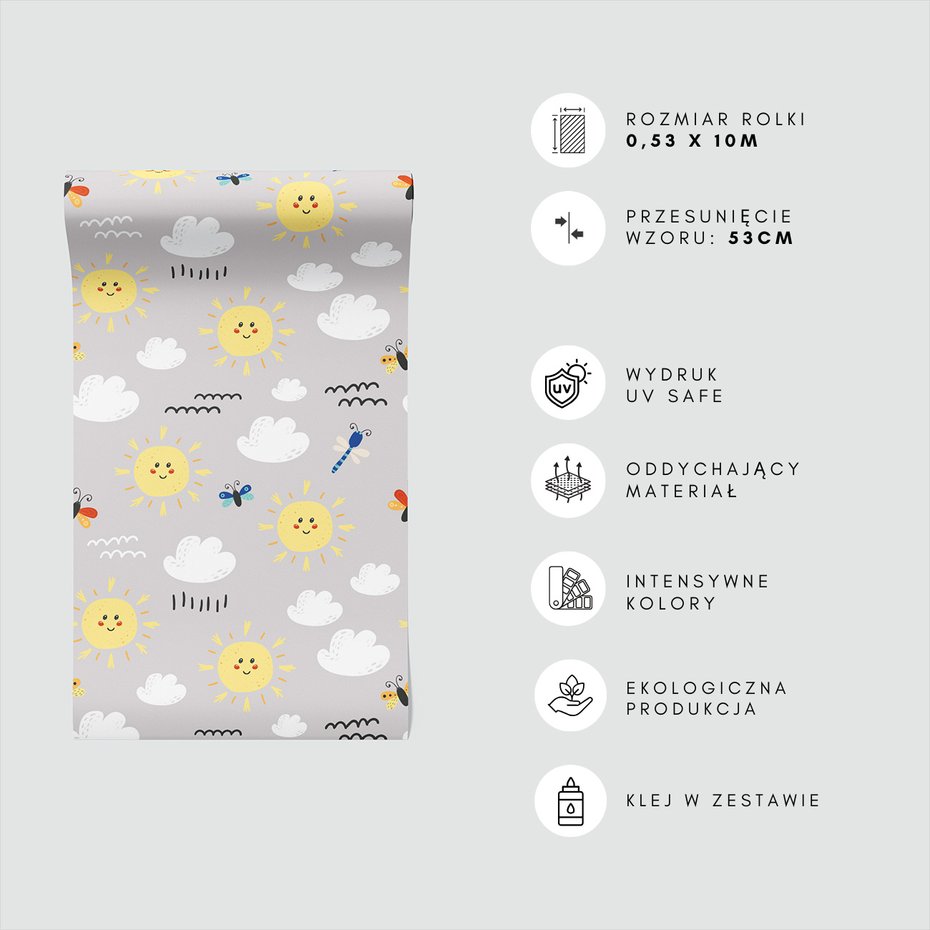 Tapeta - dziecięca, słońce, chmury, motyl