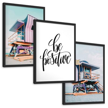 Zestaw obrazy w ramie, plakaty - plaża, budka ratownicza, morze - rama czarna