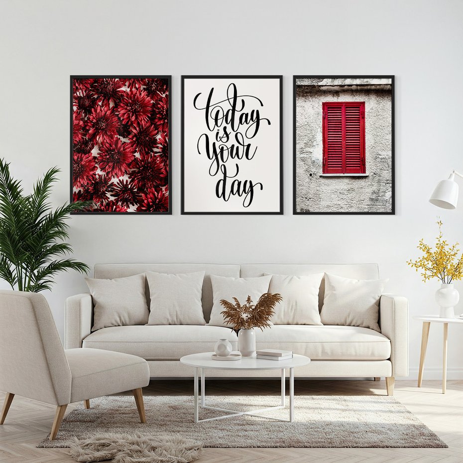 Zestaw obrazy w ramie, plakaty - kwiaty, okno, typografia - rama czarna