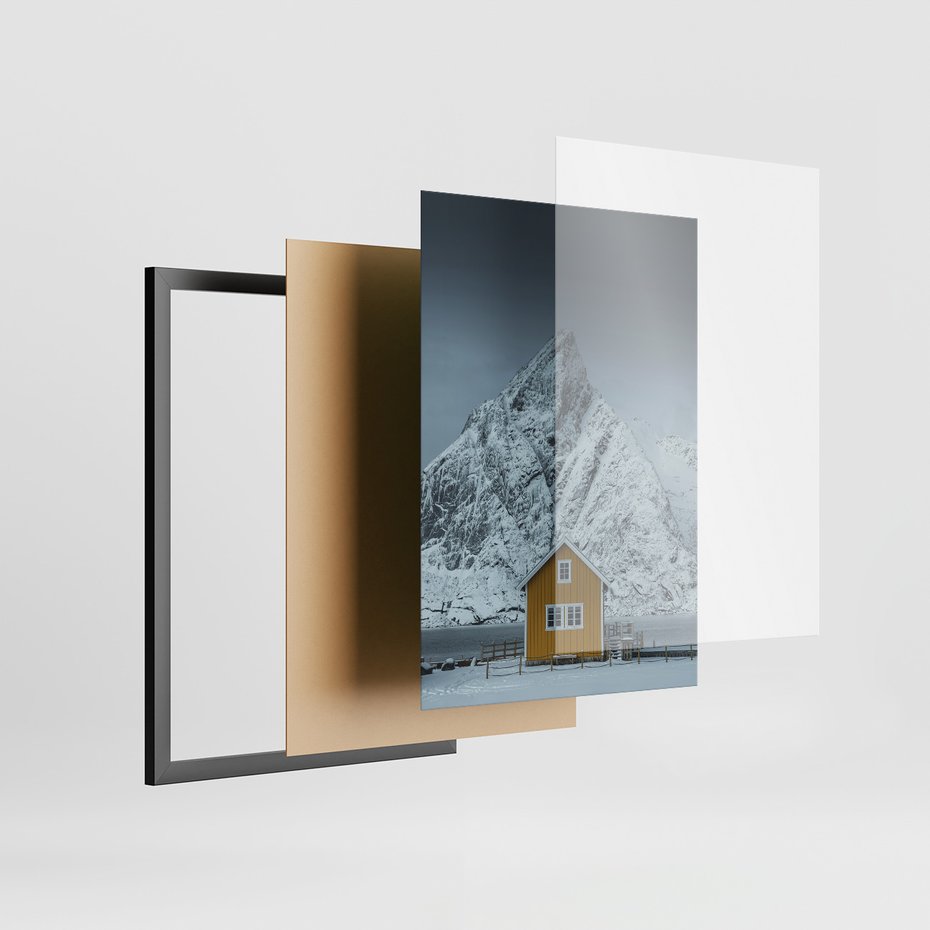 Zestaw obrazy w ramie, plakaty - góry, śnieg, domki - rama czarna