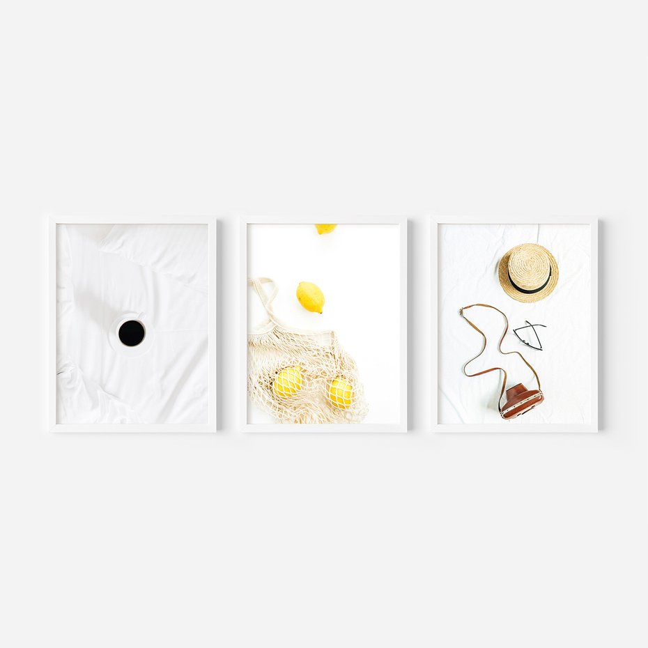 Zestaw obrazy w ramie, plakaty - śniadanie, cytryny, minimalizm - rama biała