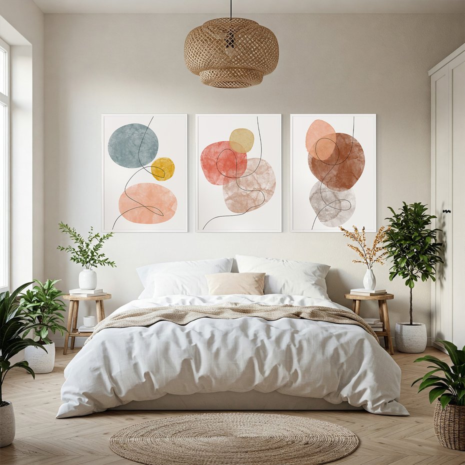 Zestaw obrazy w ramie, plakaty - abstrakcja,akwarele,linie - rama biała