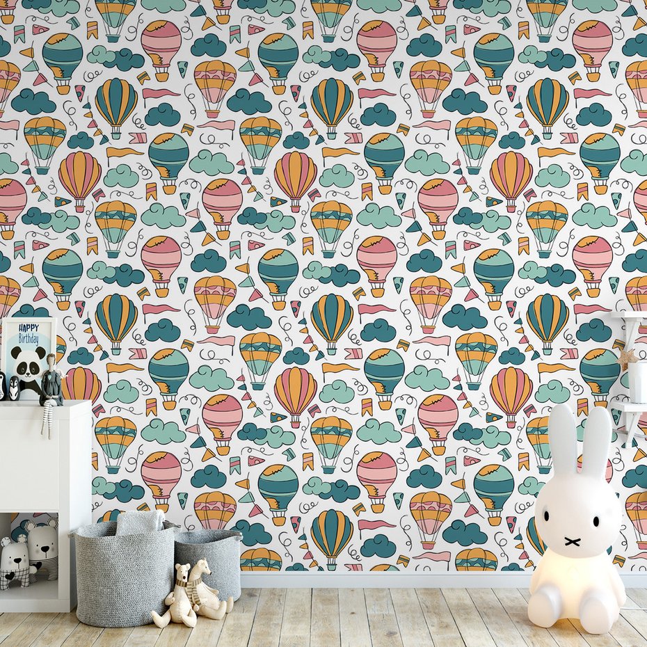 Tapeta - dziecięca, balony, chmury, flagi