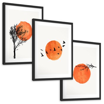 Zestaw obrazy w ramie, plakaty - Słońce, Ptaki, Drzewa - rama czarna