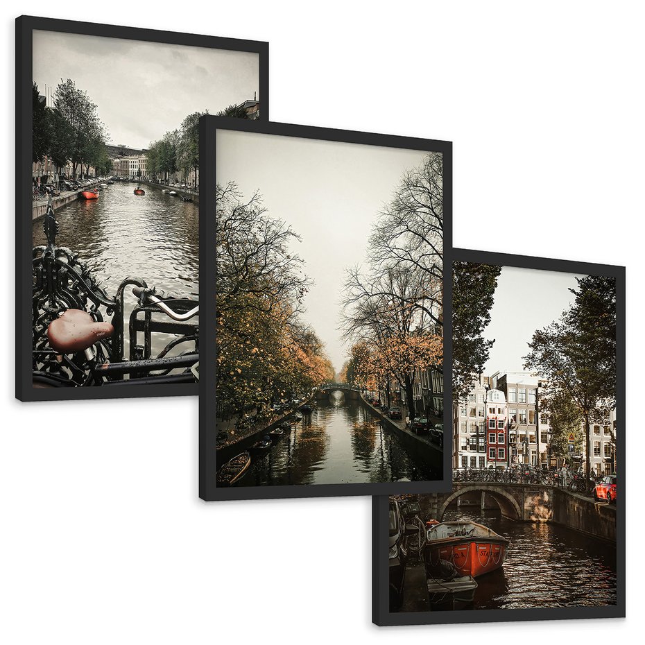 Zestaw obrazy w ramie, plakaty - Amsterdam, kanał, miasto - rama czarna