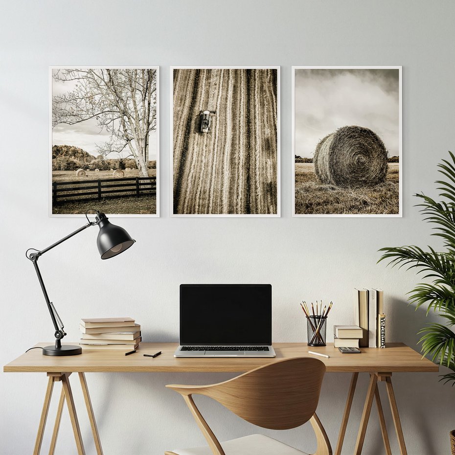 Zestaw obrazy w ramie, plakaty - wieś, pole, siano, - rama biała