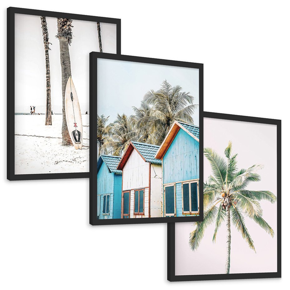 Zestaw obrazy w ramie, plakaty - palmy, plaża, domki - rama czarna