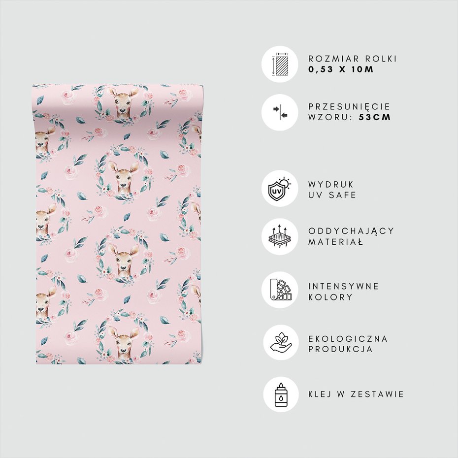 Tapeta - dziecięca, sarna, róże, wieniec
