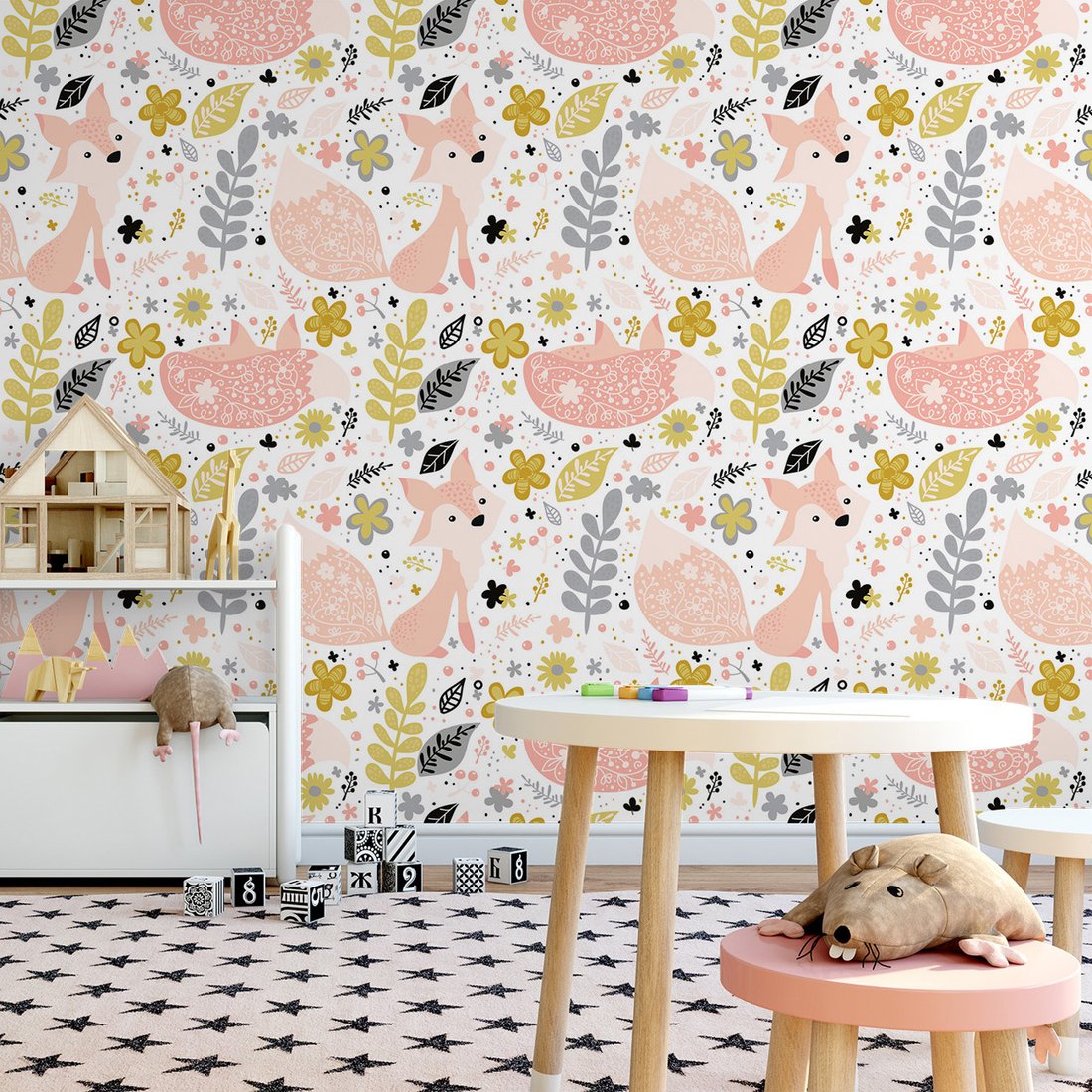 Tapeta - dziecięca, lis, kwiaty, liście