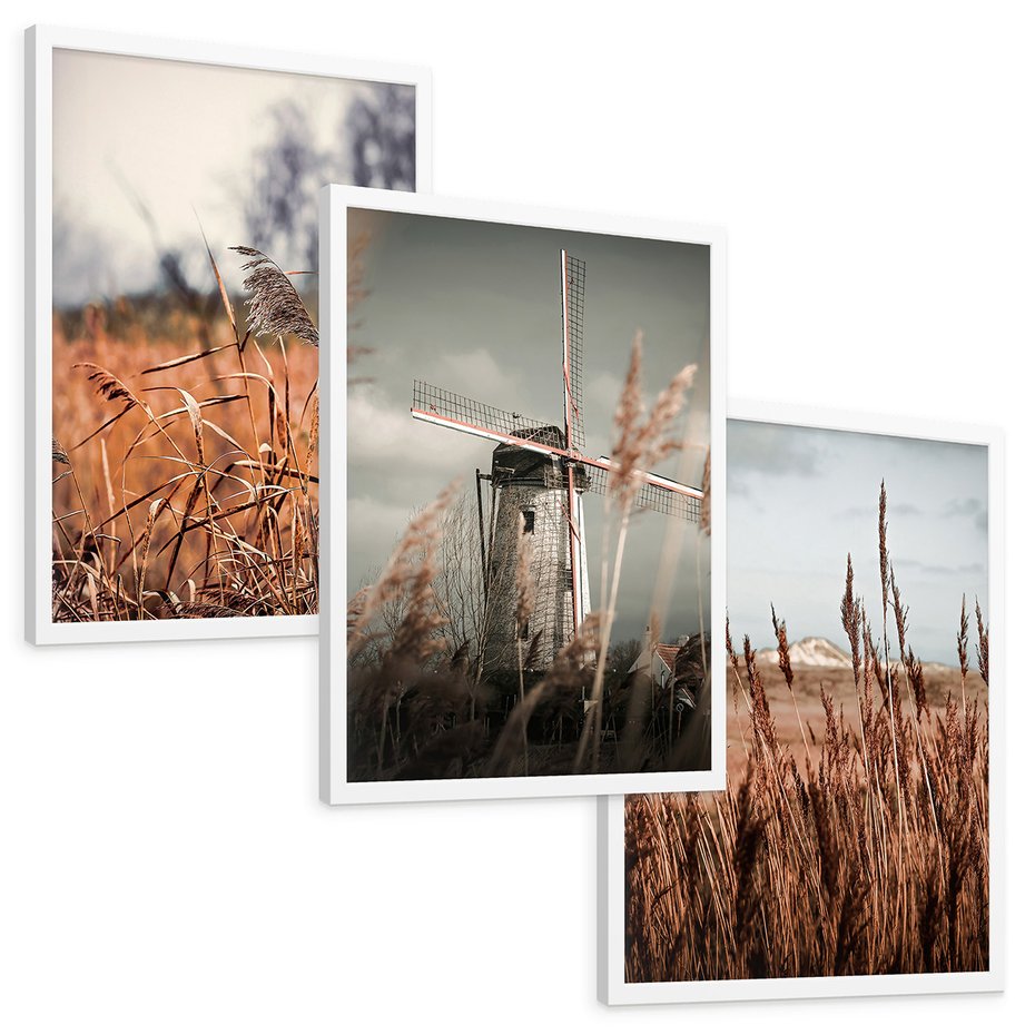 Zestaw obrazy w ramie, plakaty - krajobraz, wiatrak, natura - rama biała