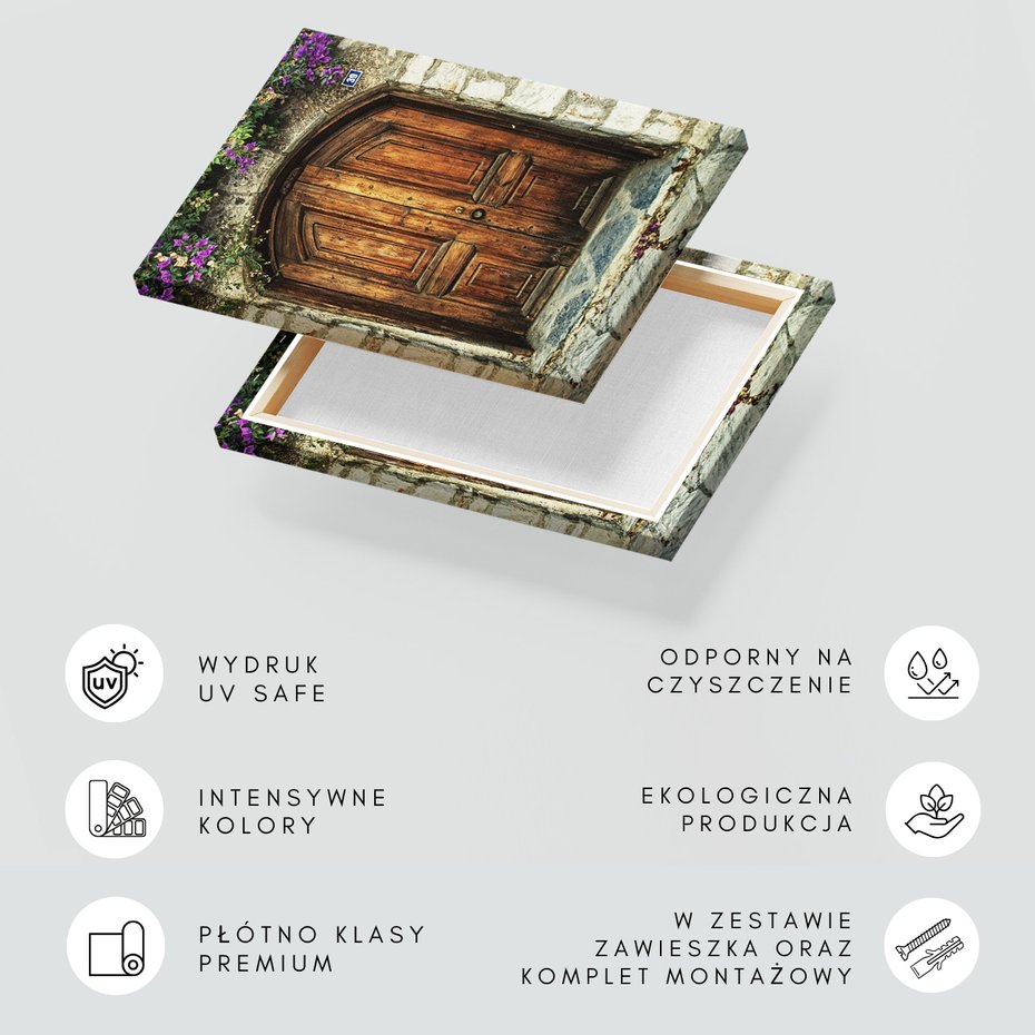 Obraz na płótnie - drzwi, kwiaty, kamień