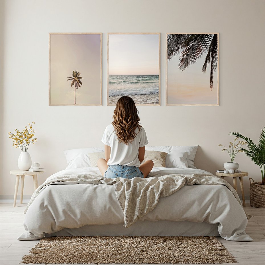 Zestaw obrazy w ramie, plakaty - plaża, morze, palmy - rama drewno