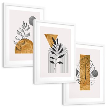 Zestaw obrazy w ramie, plakaty - liście, abstrakcja, złoto - rama biała