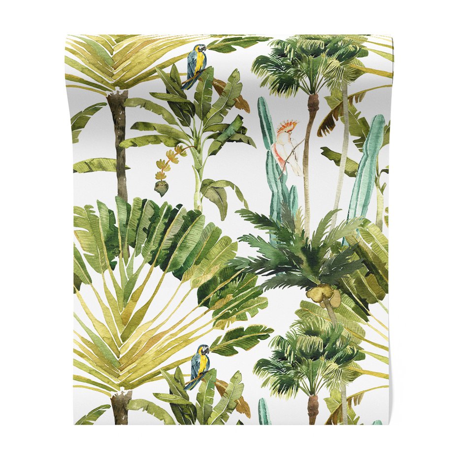 Tapeta - liście, papugi, dżungla