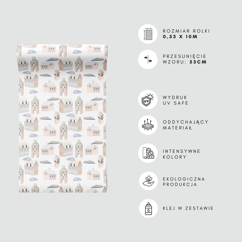 Tapeta - dziecięca, miasto, budynki, chmury