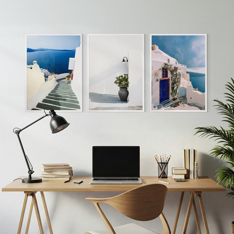 Zestaw obrazy w ramie, plakaty - Santorini, architektura, morze - rama biała