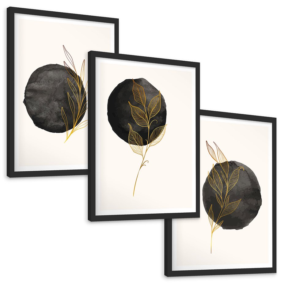 Zestaw obrazy w ramie, plakaty - liście, kropka, abstrakcja - rama czarna