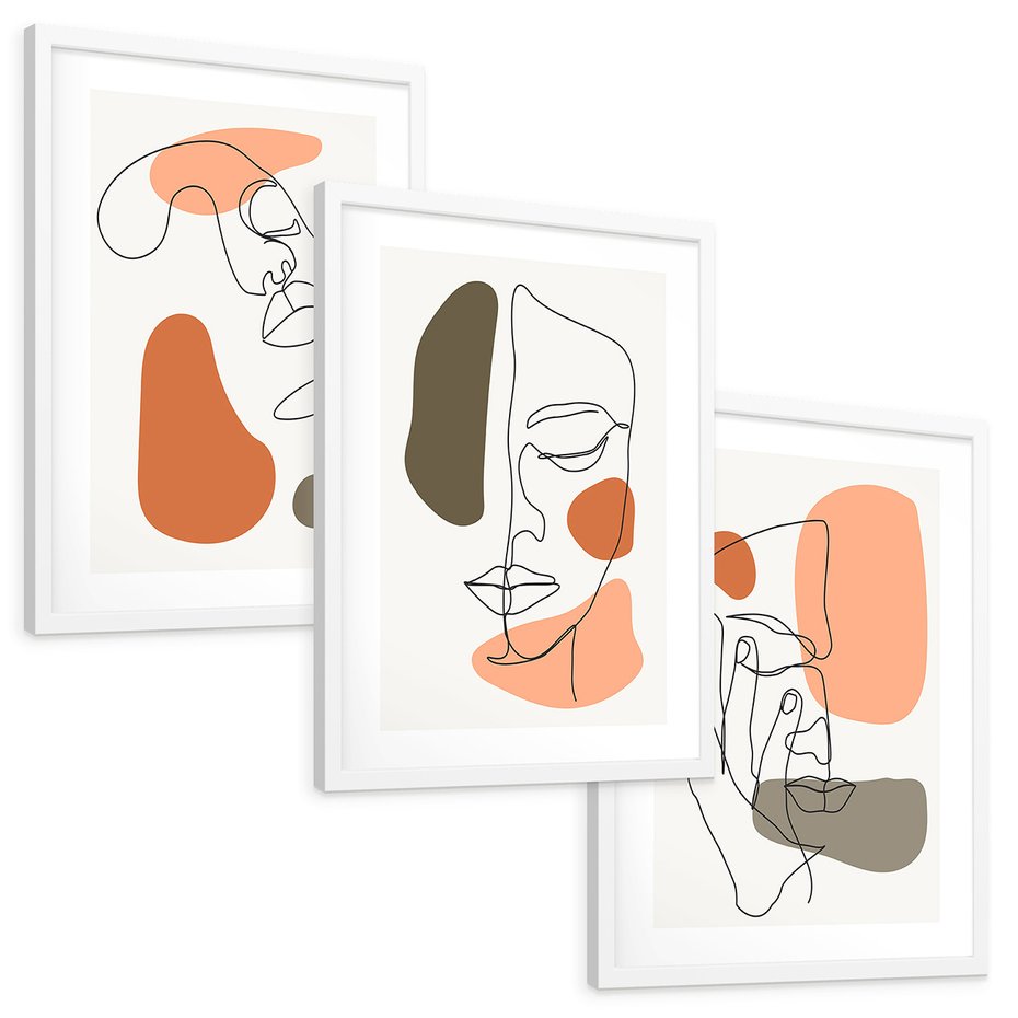 Zestaw obrazy w ramie, plakaty - abstrakcja, twarz, minimalizm - rama biała